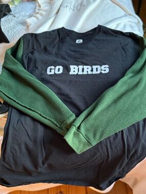 Russell Athletic Black Long Sleeve Tee with Green thermal Sleeves - GO BIRDS